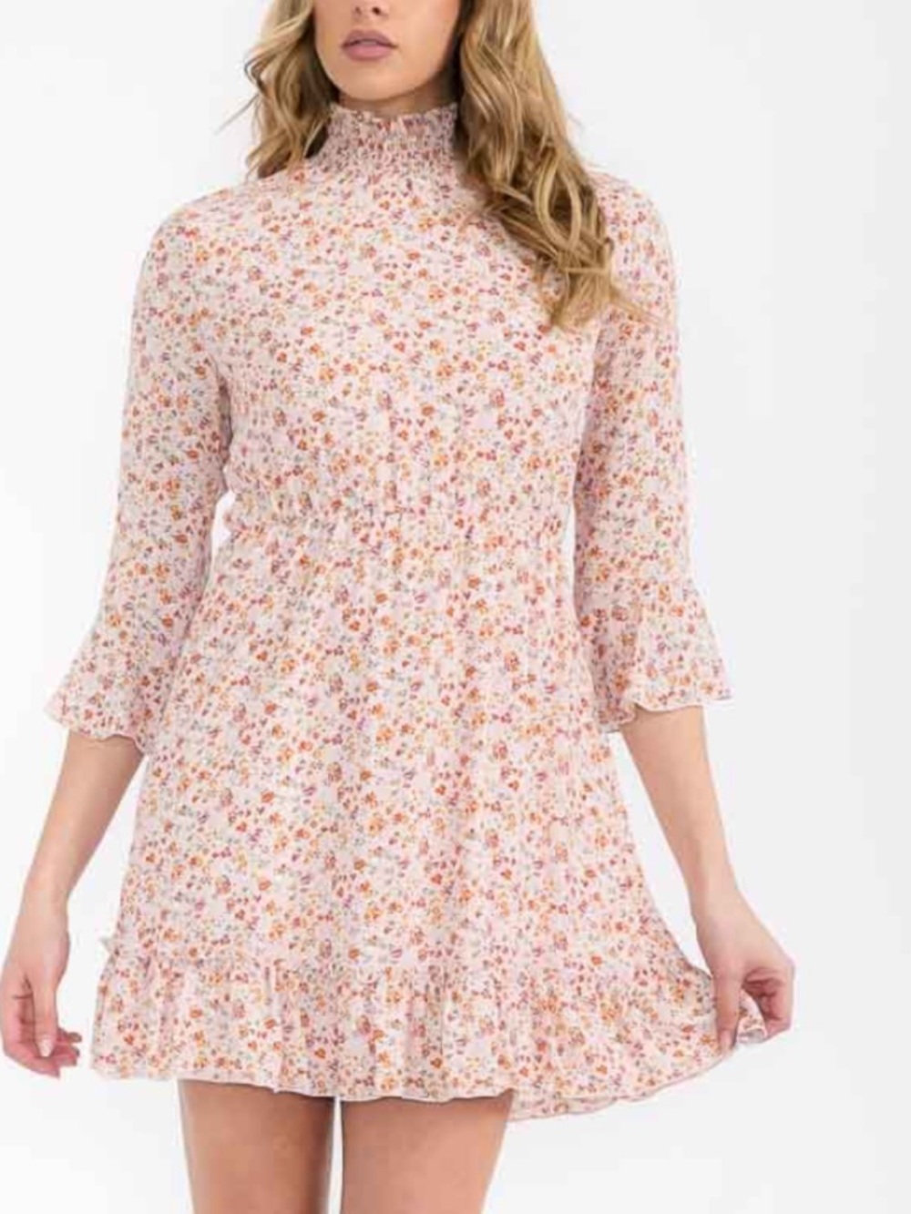 Floral Pink High-Neck Ruffle Hem Mini Dress